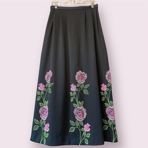 Vintage 1970’s Miss Shaheen Black w/ Pink Florals Maxi Skirt | Waist Size 29